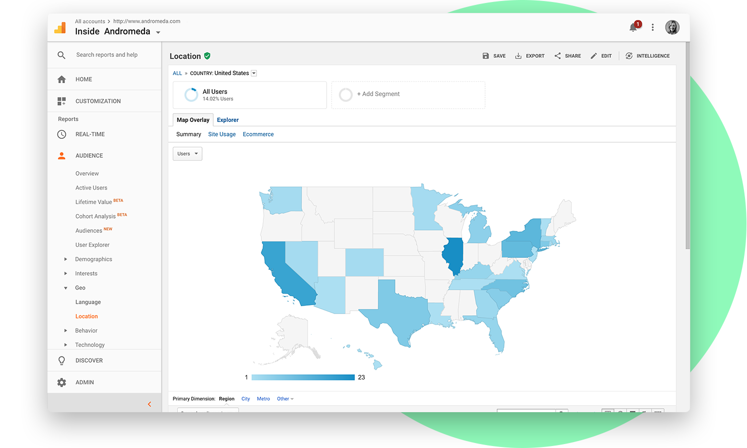 Google Analytics map of the US